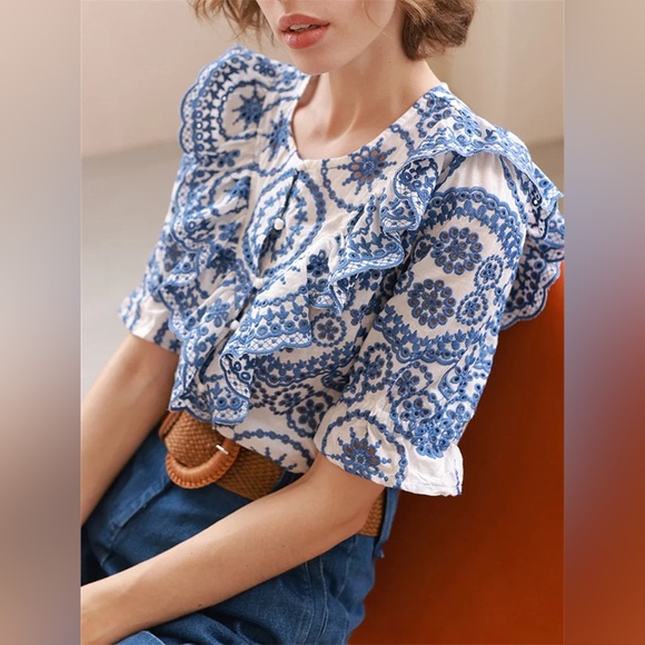 Sezane Tops - Sézane South Blouse in Ecru Blue FR 34 / US 2